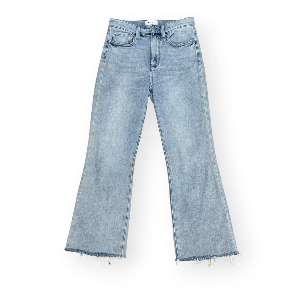 Pistola Ally High Rise Crop Boot Flare Jeans 25 Blue Stretch Light Wash Raw Hem